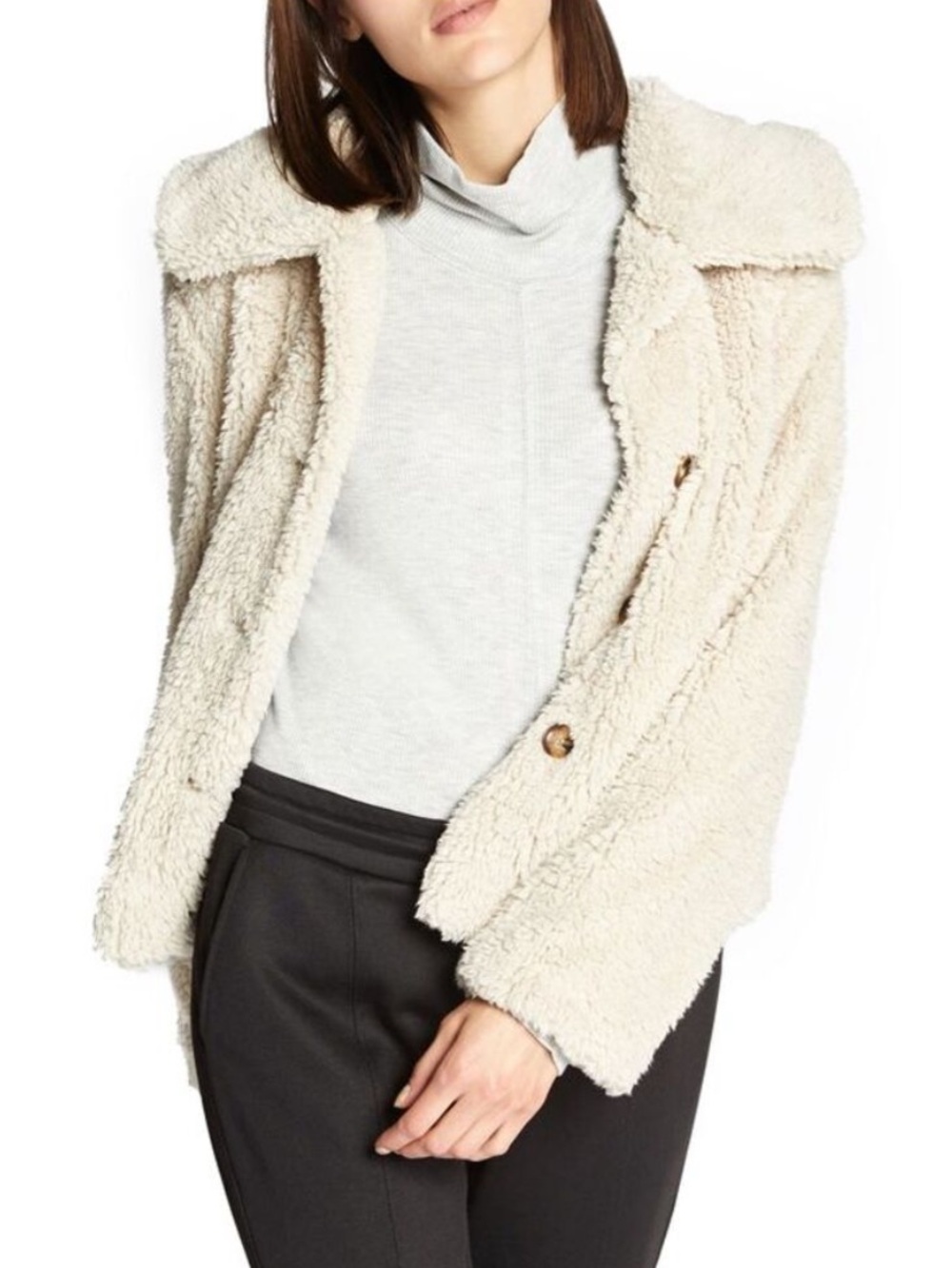 Sanctuary Clothing "I Feel Luv" Sherpa Jacket Beige Pockets Button Front Size L